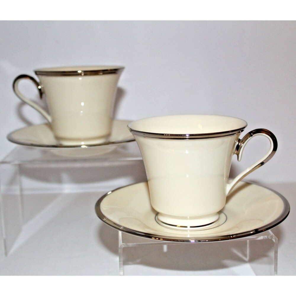 Lenox Solitaire Cup & Saucer Set of 2 Ivory Bone China Platinum Trim USA